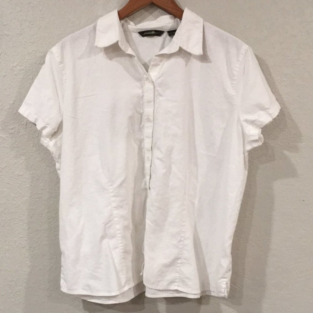 Eddie Bauer Women’s Sz XXL Linen White Button Up Short Sleeve Shirt